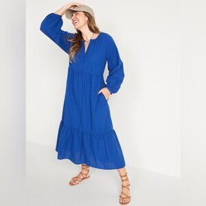 Old Navy Blue Seersucker Tiered Midi Dress size 3X Long Sleeve Boho Cottagecore
